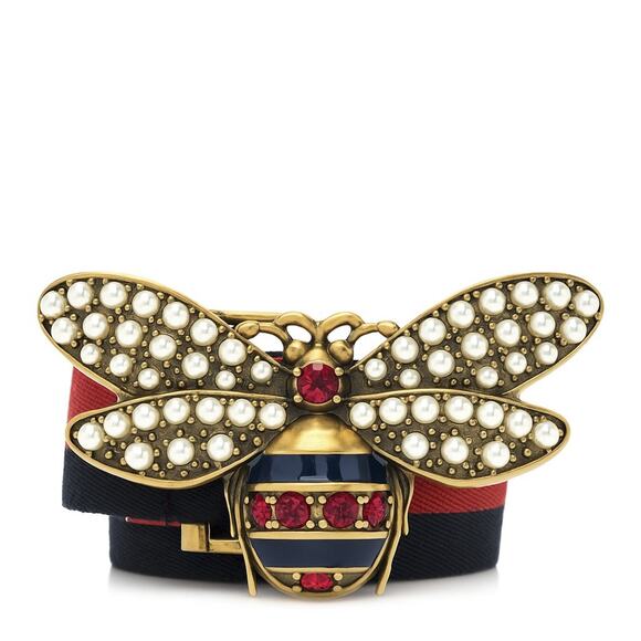 Gucci Web Queen Margaret Bee Pearl Crystal Buckle Belt Size 80/32 Red Navy - Picture 1 of 4